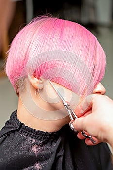 Hairdresser cutting short pink hair