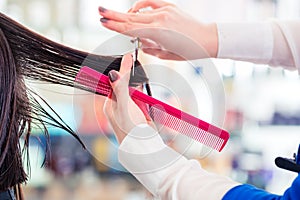 Hairdresser cutting woman hair in shop