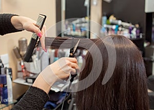 The hairdresser does a haircut with hot scissors of hair to a young girl, a brunette