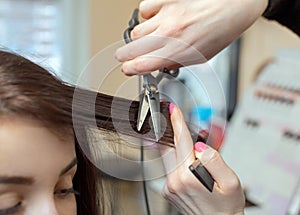 The hairdresser does a haircut with hot scissors of hair to a young girl, a brunette in a beauty salon.Professional hair care and