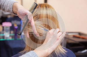 The hairdresser does a haircut with scissors of hair to a young girl, a blonde in a beauty salon.  Professional hair care