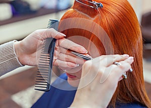 The hairdresser does a haircut with scissors of hair to a young with red hair girl