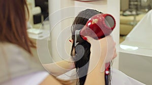 Hairdresser dries the client`s long hair with a hair dryer.