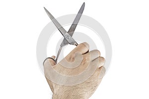 Hairdresser hand cutting with scissors