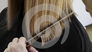 Hairdresser hands comb hair of a  blonde female model