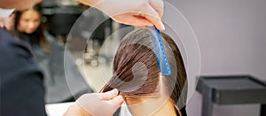 Hairdresser hands parting hair of woman