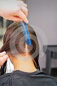 Hairdresser hands parting hair of woman