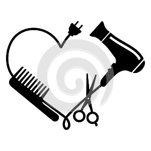 Hairdresser logo vector: comb, hair dryer and scissors