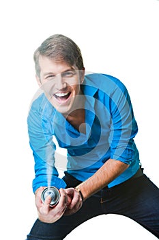 Hairdresser man with hairspray on isolated white photo
