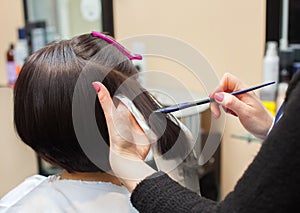 The hairdresser paints the woman`s hair in a dark color, apply the paint to her hair