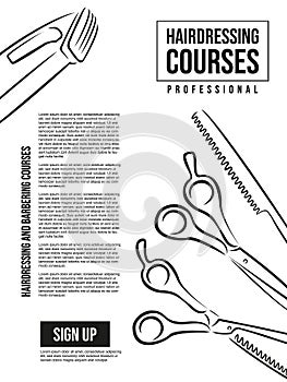 Hairdresser poster or page for site. Professional scissors for haircuts