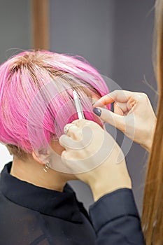 Hairdresser prepares dyed short pink hair of a young woman to procedures in a beauty salon.