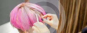 Hairdresser prepares dyed short pink hair of a young woman to procedures in a beauty salon.