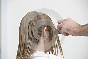 Hairdresser's Hand Combing Client's Wet Hair At Salon