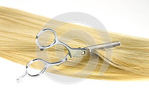 Hairdresser's scissors with strand of blonde hair, on white. Long blond human hair close-up and scissors