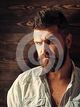 Hairdresser salon. Fashion and male beauty of graying man. Barber and hairdresser salon. Man with beard and mustache on