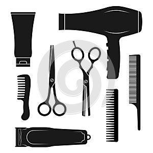 Hairdresser tools icon set. Hair salon equipment silhouettes. Accessories for haircut with scissors, comb, brush, dryer.