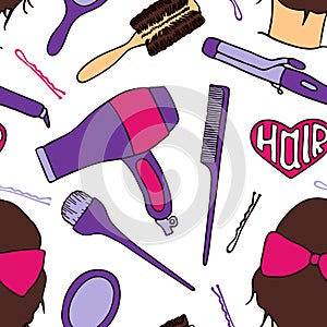 Hairdresser tools. Seamless pattern with beautician supplies - blowdryer, curler, brush, mirror, hairpin. Vector