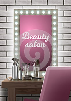 Hairdresser Tools on Table. Mirror Illuminated