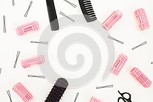 Hairdresser tools on white background. Beauty composition. Copy space. Flat lay, top view