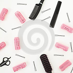 Hairdresser tools on white background. Beauty composition. Copy space. Flat lay, top view