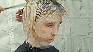 Hairdresser trimming hair with scissors