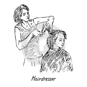Hairdresser at work, hold scissors and prepare to cut hair, hand drawn doodle, sketch in pop art style, black and white