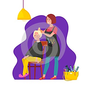Hairdresser during the work. Isolated editable vector illustration