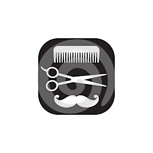 Hairdressing black and white icon, vector abstract logo on white background. Comb, scissors, mustache. Hairdressers