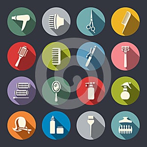 Hairdressing equipment flat icon set