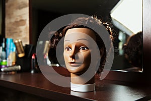 Hairdressing mannequin located on a wooden table.