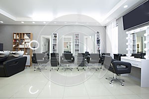 Hairdressing procedures in luxe beauty salon, panorama