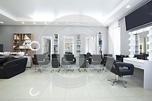 Hairdressing procedures in luxe beauty salon, panorama photo