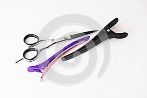 Hairdressing scissors and pins isolated