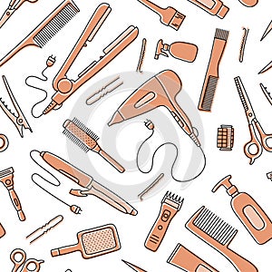 Hairdressing tools seamless pattern. Line sketch. Professional hair dresser equipment. Hand drawn doodle vector illustration.