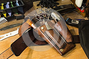 Hairdressing tools on a vintage table