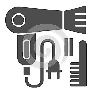 Hairdryer and comb solid icon, beauty salon concept, hairdresser tools sign on white background, hair brush and electric