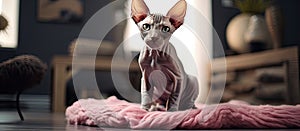 A hairless cat lounges on a pink rug in the living room