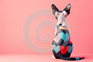 Hairless Sphynx cat back view with multicolored hearts on skin, back view, on pink background