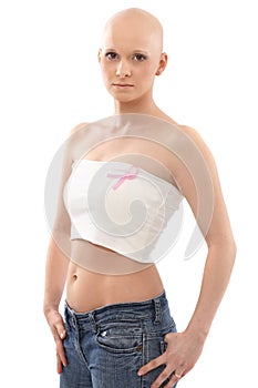 Hairless woman with Breast Cancer Awereness ribbon photo