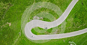 Hairpin Road seen from above. Aerial view of exciting Alpine Road in the Alps