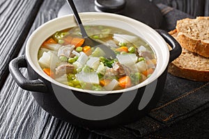 Hairst Bree Harvest Broth traditional Scottish recipe for a classic hearty broth of lamb meat mixed vegetables. Horizontal