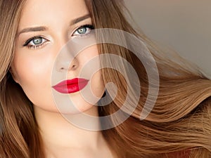 Hairstyle, beauty and hair care, beautiful woman with long healthy hair, model wearing matte red lipstick makeup