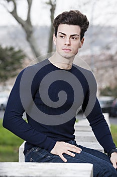 Hairstyle cute young man - Outdoor with blue long-sleeved