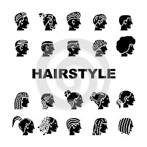 hairstyle face, hair girl woman icons set vector