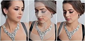 Hairstyle and make up - beautiful female art portrait with beautiful eyes. Elegance. Genuine natural brunette with jewelry