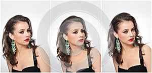 Hairstyle and make up - beautiful female art portrait with earrings. Elegance. Genuine natural brunette with jewelry