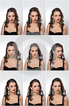 Hairstyle and make up - beautiful female art portrait with earrings. Elegance. Genuine natural brunette with jewelry