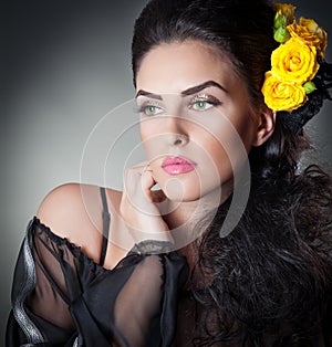 Hairstyle and Make up - beautiful female art portrait with yellow roses