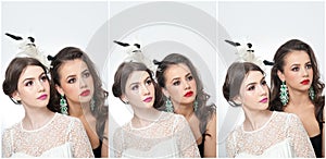 Hairstyle and make up - beautiful females art portrait. Elegance. Genuine natural brunettes with accessories in studio
